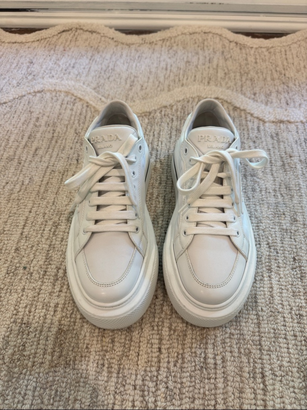 Prada White Leather Low-Top Sneakers - Picture 2 of 6